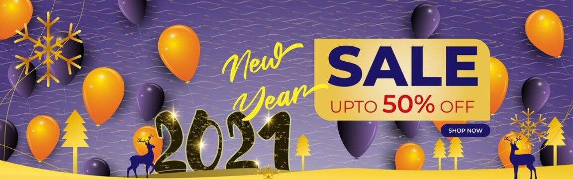 Vector illustration of Happy New Year Sale, 2021, upto 50% off, snowflakes, balloons, deer and X-mas tree, offer template for website and social media.