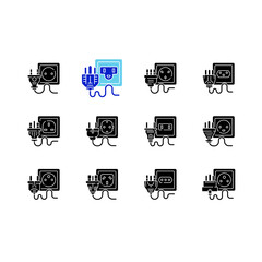 Sockets black glyph icons set on white space. Power outlet types. Unplug cables from electricity source. Voltage for home appliance. Energy generation. Silhouette symbols. Vector isolated illustration