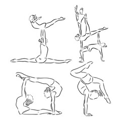 Acrobatic, balance, performance, cooperation concept. Hand drawn acrobats performing on scene concept sketch. Isolated vector illustration , acrobatics, vector sketch illustration
