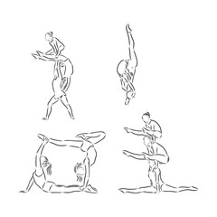 Acrobatic, balance, performance, cooperation concept. Hand drawn acrobats performing on scene concept sketch. Isolated vector illustration , acrobatics, vector sketch illustration
