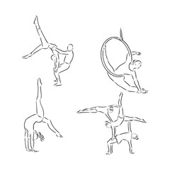 Acrobatic, balance, performance, cooperation concept. Hand drawn acrobats performing on scene concept sketch. Isolated vector illustration , acrobatics, vector sketch illustration
