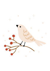 Festive Christmas illustration with bird and rowan branch. Hand drawn vector greeting card for winter holidays and Christmas decorative design. Christmas template. Happy New Year illustration