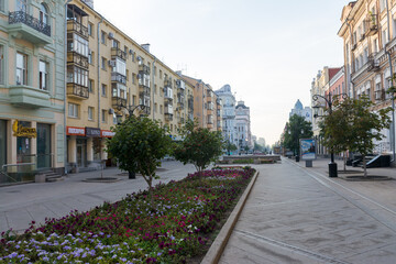 Samara. View of the pedestrian part of Leningradskaya street in the early morning.	