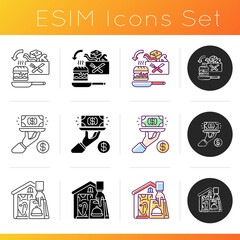 Meal delivery orders icons set. Gratuity charge. Meal kit delivery. Contactless, contact-free option. Restaurant-quality meals. Linear, black and RGB color styles. Isolated vector illustrations