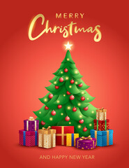 Naklejka premium Christmas tree with gifts. Merry Christmas and Happy New Year season greetings.