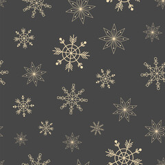 Vector yellow grey winter snowflakes seamless pattern print background.