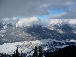 Farchant with mountain panorama in Bavarian Alps, in wintertime
