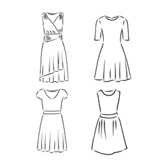 Hand drawn vector clothing set. of trendy dresses isolated on white. dress vector sketch illustration