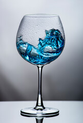 Blue water in translucent glass on white background.