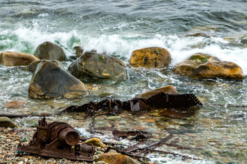 Wreck of the SS Ethie in rough waters. Gros Morne National Park, Newfoundland, Canada