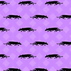Black cat Oriental on pink patchwork background. Seamless