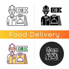 Free delivery coupon icon. Exclusive promo code. Restaurant orders. Contactless breakfast, lunch and dinner delivery. Free servicing. Linear black and RGB color styles. Isolated vector illustrations