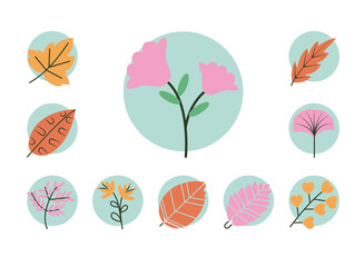 pink flower and leaves icon set, half line half color style
