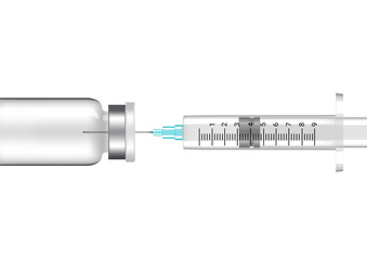Bottle Mock up Realistic and Vaccine Syringe flu shot on White Background with Packaging. Hospital Tool design Vector Illustration. Medical and Health Concept.