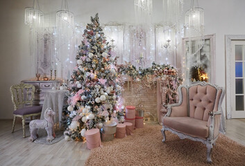 Room decorated for Christmas or new year. The interior of the room with a Christmas tree and decorations