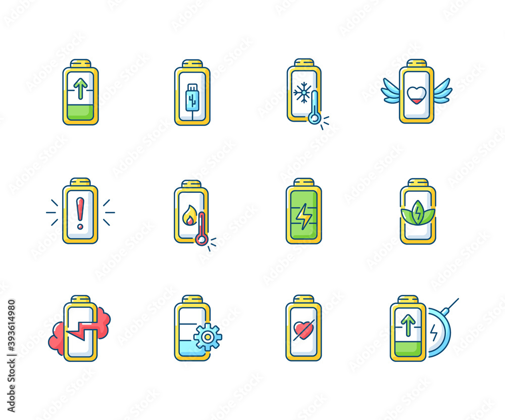 Sticker Battery status RGB color icons set. Innovational charging process. Using cables for getting electricity. Wireless station. Isolated vector illustrations