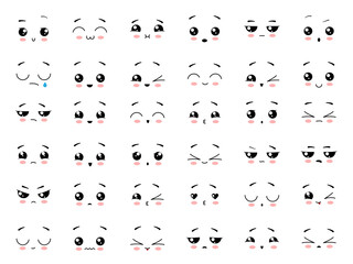 Set of cute kawaii emoticon. Cartoon face collection. Vector illustration