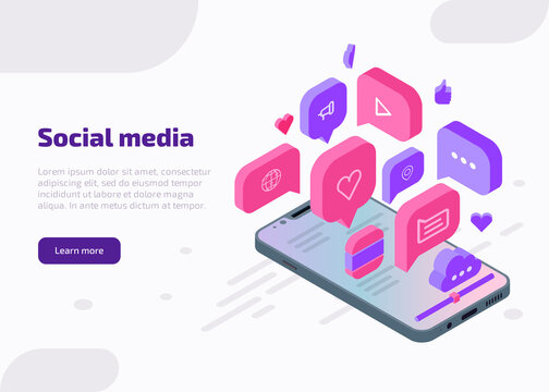 Social media marketing isometric web banner, landing page template. Influencer concept with like, chat, video, music, heart, cloud, internet icons from smartphone screen. 3d vector illustration.