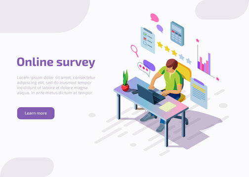 Landing page of online survey with isometric characters. Man filling questionnaire form, star rating, check mark on list on laptop. Feedback service internet technology, customer satisfaction concept.