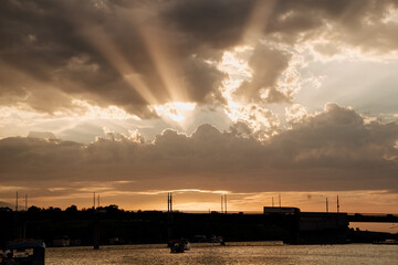 Evening Sunset Sun Rays Shining Through Clouds