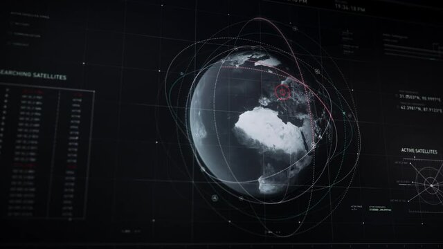 The secret service sends location coordinates of a criminal to the international bureau of security in europe. Computer User interface. Searching satellites. Active satellites.