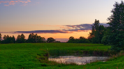 Panoramic Polish countryside landscape with a pond on the pasture in foreground and a trees and golden sky in the background.