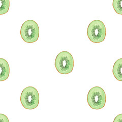 Seamless pattern illustration with green kiwifruit isolated on white background - 393617344