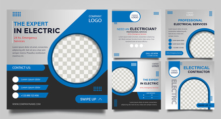 Electrical service social media post templates. promotion square web banner. Special offer banner. Sale and discount backgrounds. Modern vector design. Vector illustration.