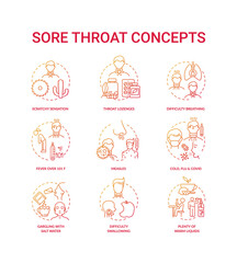 Sore throat concept icons set. Cold, flu and covid idea thin line RGB color illustrations. Scratchy sensation. Warm liquids. Difficulty swallowing. High temperature. Vector isolated outline drawings