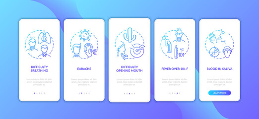 Raw throat complications onboarding mobile app page screen with concepts. Difficulty opening mouth, breathing walkthrough 5 steps graphic instructions. UI vector template with RGB color illustrations