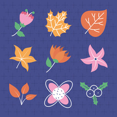 tropical leaves icon set, half line half color style