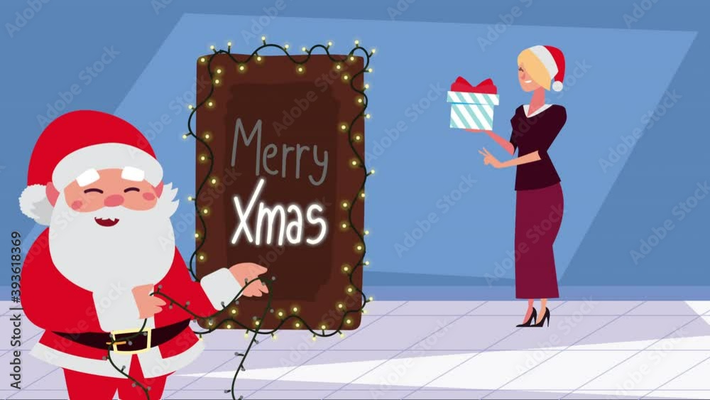 Poster happy merry christmas animation with woman lifting gift and santa claus