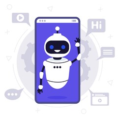 Chat bot robot say hi vector flat cartoon character illustration on blue background speak bubble voice support service chat bot virtual online help customer support
