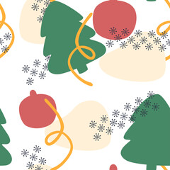 Abstract Christmas background. Seamless pattern of spots, stripes and snowflakes on a white background. Vector illustration