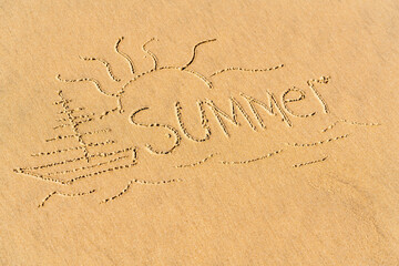Sun, palm and the inscription summer on the sea sandy beach