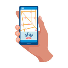 Hand holds smartphone with bike sharing app. City public bike sharing system on a mobile device. Vector illustration.