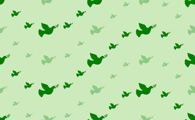 Fototapeta na wymiar Seamless pattern of large and small green dove of peace symbols. The elements are arranged in a wavy. Vector illustration on light green background