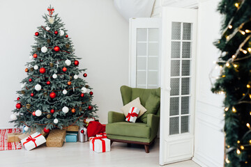 Christmas tree with gifts white decor new year postcard