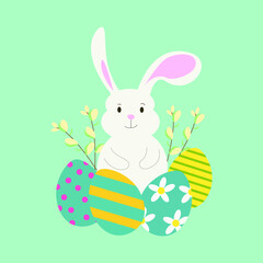 vector pastel branch easter bunny portrait with eggs, willow isolated on blue. Cute illustration. Design for postcard, card, poster, banner, textile, print, pattern