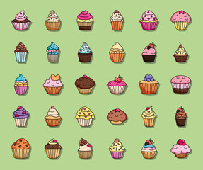 colorful sweet cupcakes icon set