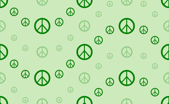 Seamless pattern of large and small green peace symbols. The elements are arranged in a wavy. Vector illustration on light green background