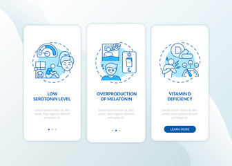SAD causes onboarding mobile app page screen with concepts. Low serotonin, vitamin D levels walkthrough 3 steps graphic instructions. UI vector template with RGB color illustrations