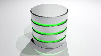 DATABASE technology concept image with metallic disks and green light - 3D rendering illustration