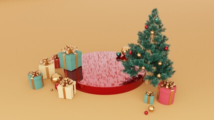 Glossy red pedestal and green Christmas decorated fir tree surrounded by gifts and balls. product advertising stand, christmas concept. Reflected lights on stage surface