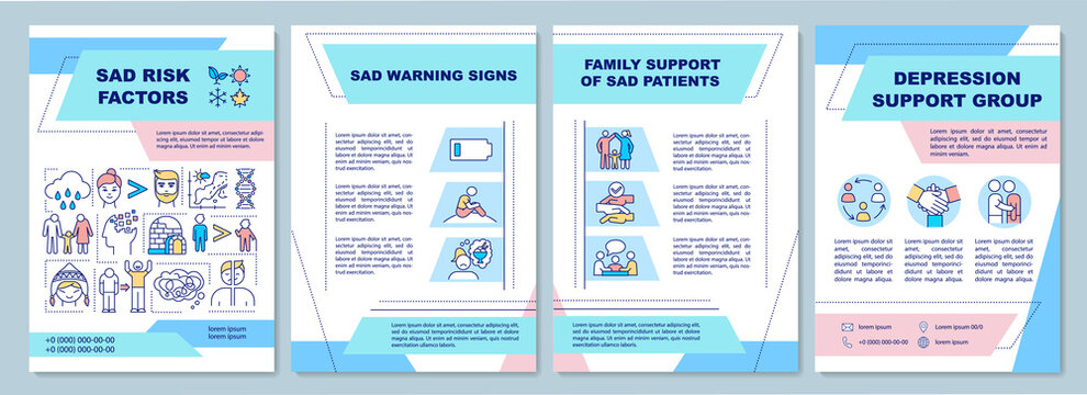 Sad risk factors brochure template. Sad warnings signs. Flyer, booklet, leaflet print, cover design with linear icons. Vector layouts for magazines, annual reports, advertising posters