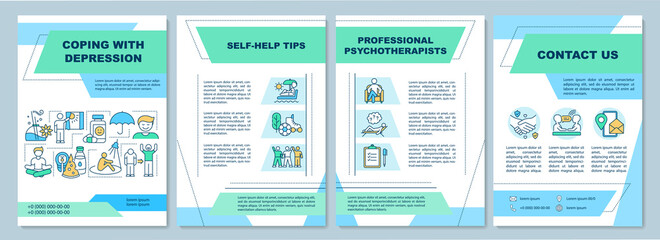 Coping with depression brochure template. Professional psychotherapist. Flyer, booklet, leaflet print, cover design with linear icons. Vector layouts for magazines, annual reports, advertising posters