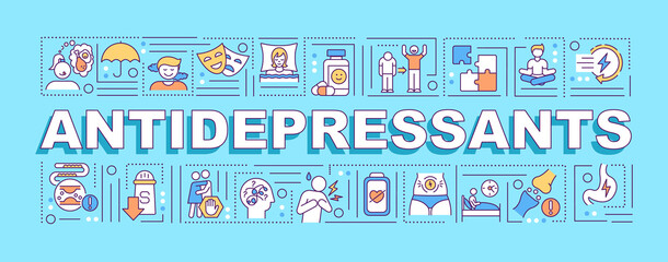 Fototapeta na wymiar Antidepressants concepts banner. Professional depression medical help. Infographics with linear icons on cyan background. Isolated typography. Vector outline RGB color illustration