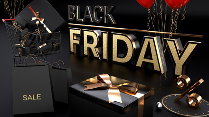 Black friday sale 3D. Background design, realistic dark gift boxes. Gold and black text