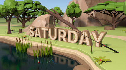 3D Low poly land scene with popup trees and rocks. Saturday