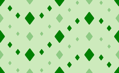Seamless pattern of large and small green diamonds. The elements are arranged in a wavy. Vector illustration on light green background